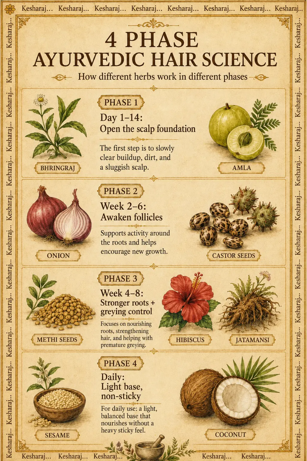 Four phase Ayurvedic scalp reset routine infographic with herbs and Nivkara bottle