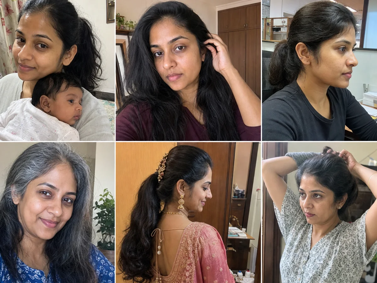 Collage of real-looking Indian women across postpartum, PCOS, working, greying and wedding prep situations