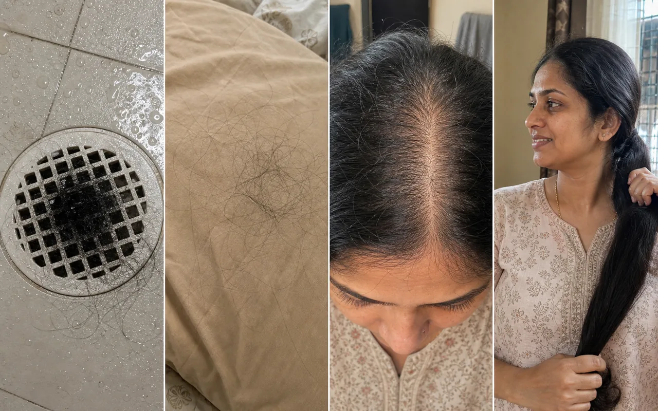 Four-panel hair fall reality check showing hair on a brush, loose strands on a pillow, visible scalp parting and fuller-looking hair
