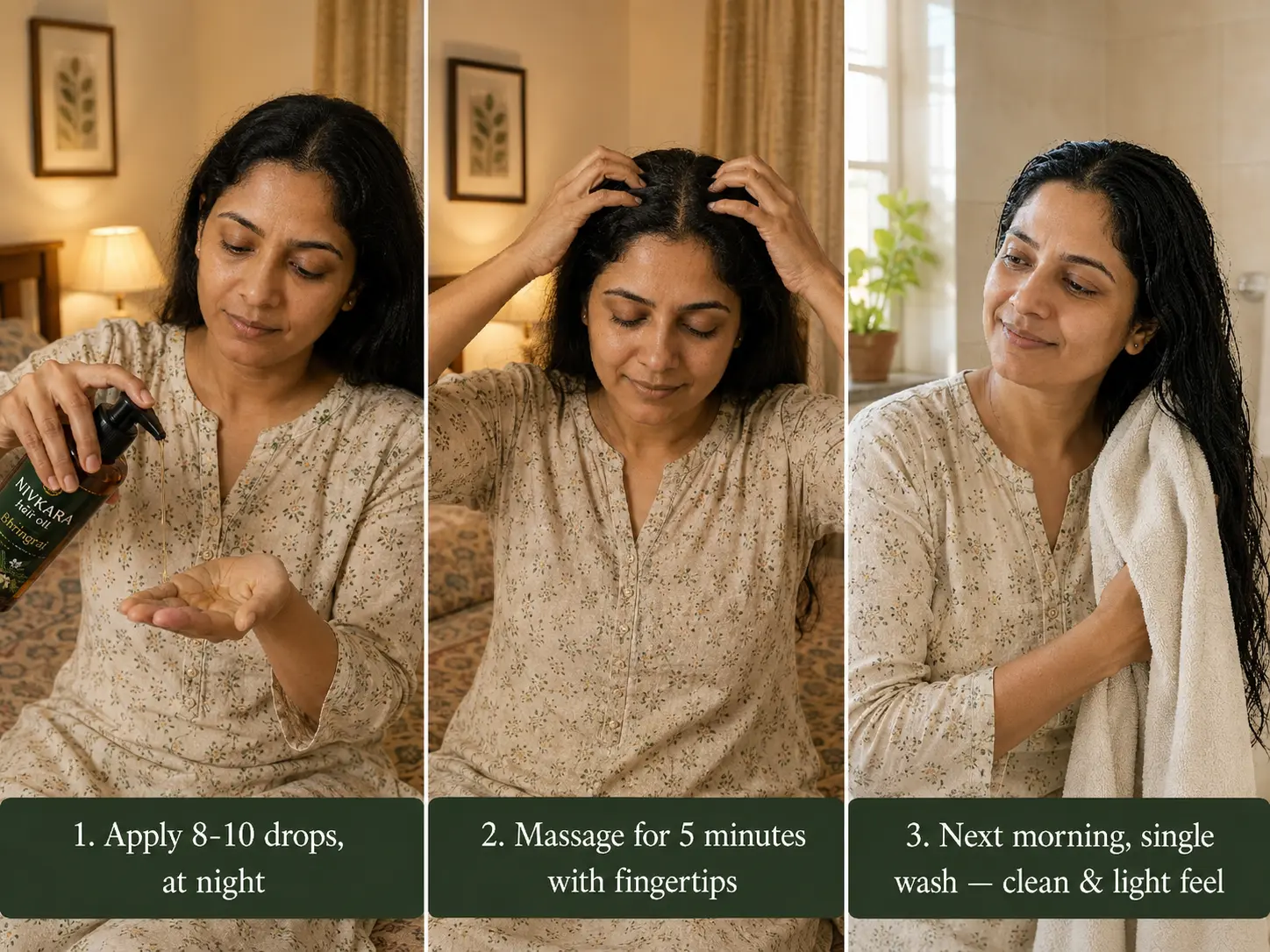 Three-step Nivkara night oiling routine showing drops, scalp application and next morning clean hair