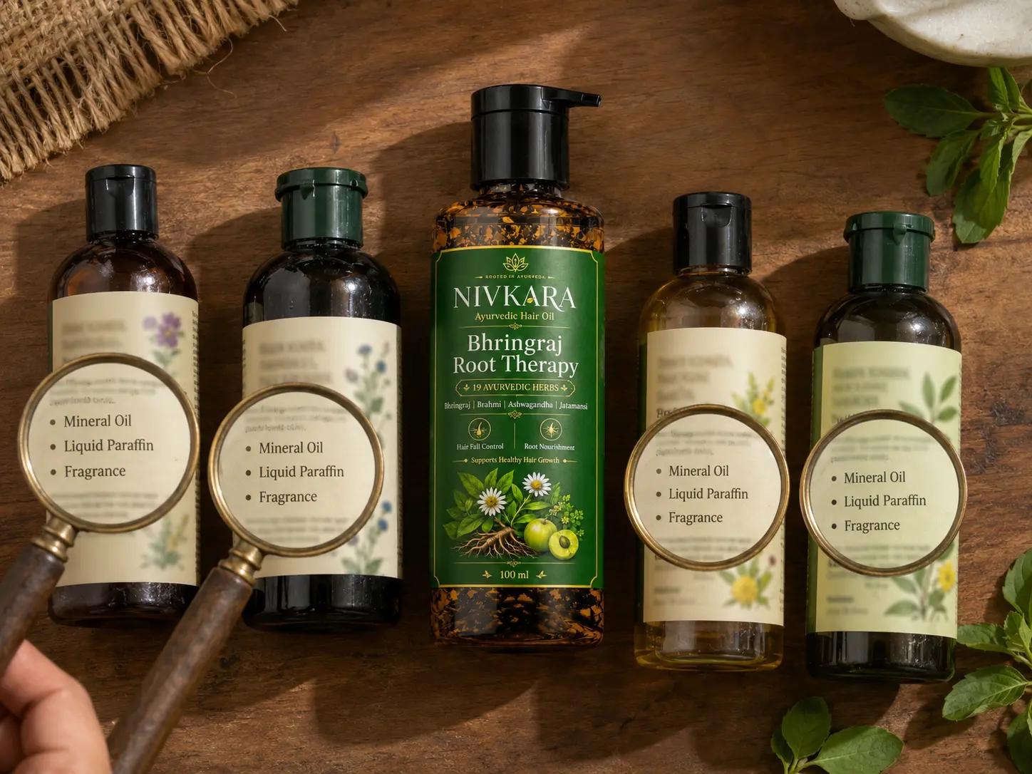 Investigative label audit showing common hair oil ingredients and a Nivkara product card
