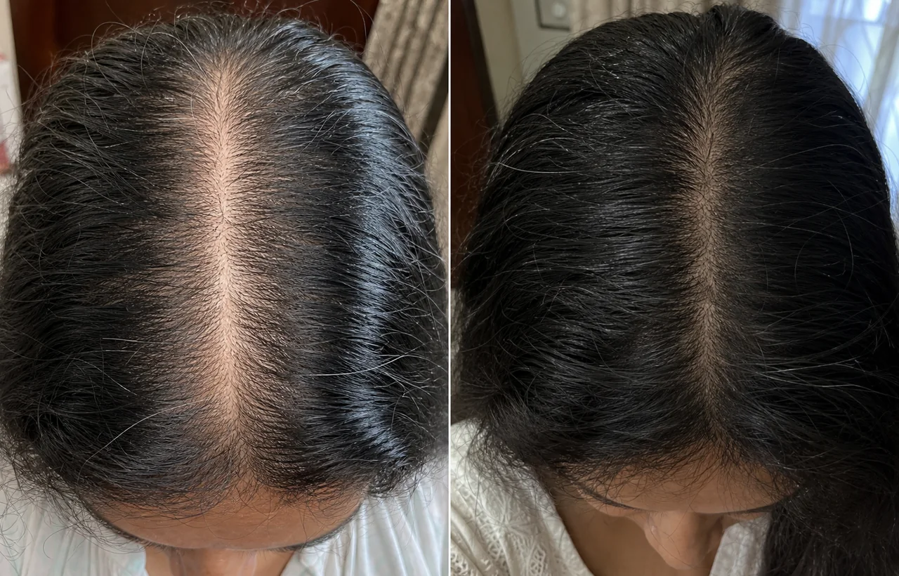 Customer-style centre parting comparison from day one to week eight