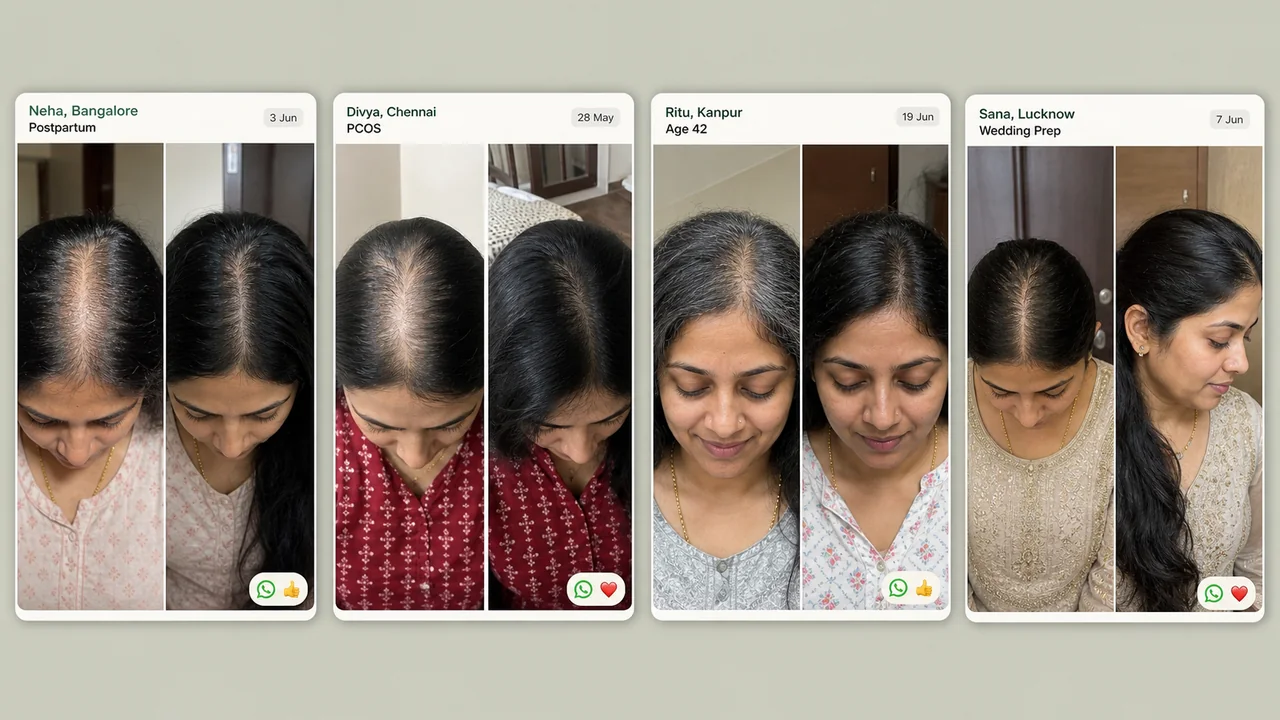 WhatsApp-style strip of four customer before and after hair photos